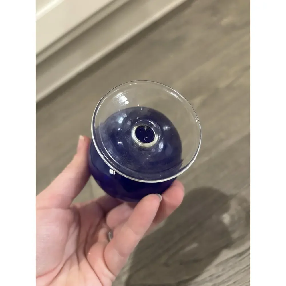 Vintage Cobalt Blue Art Glass Bud Vase Clear Footed Base 6.25” Tall